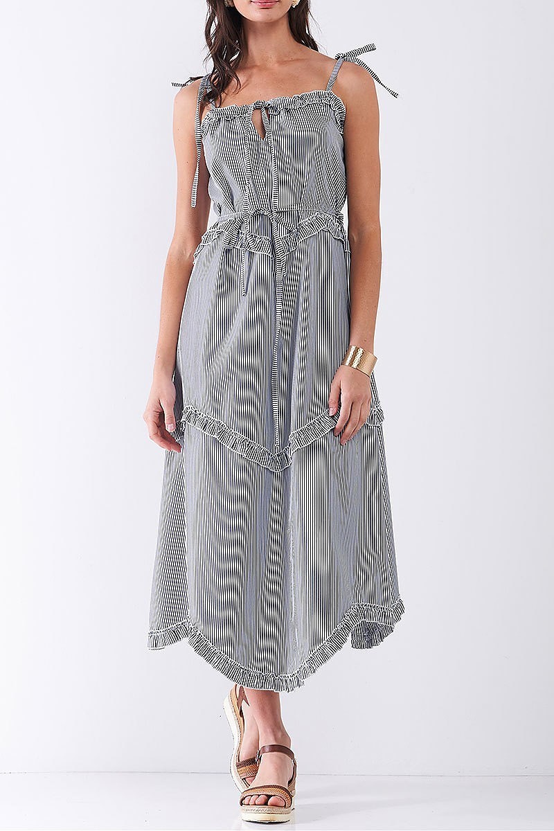 Navy Ruffle Accent Striped Tie String Wavy Hem Rayon Midi Dress