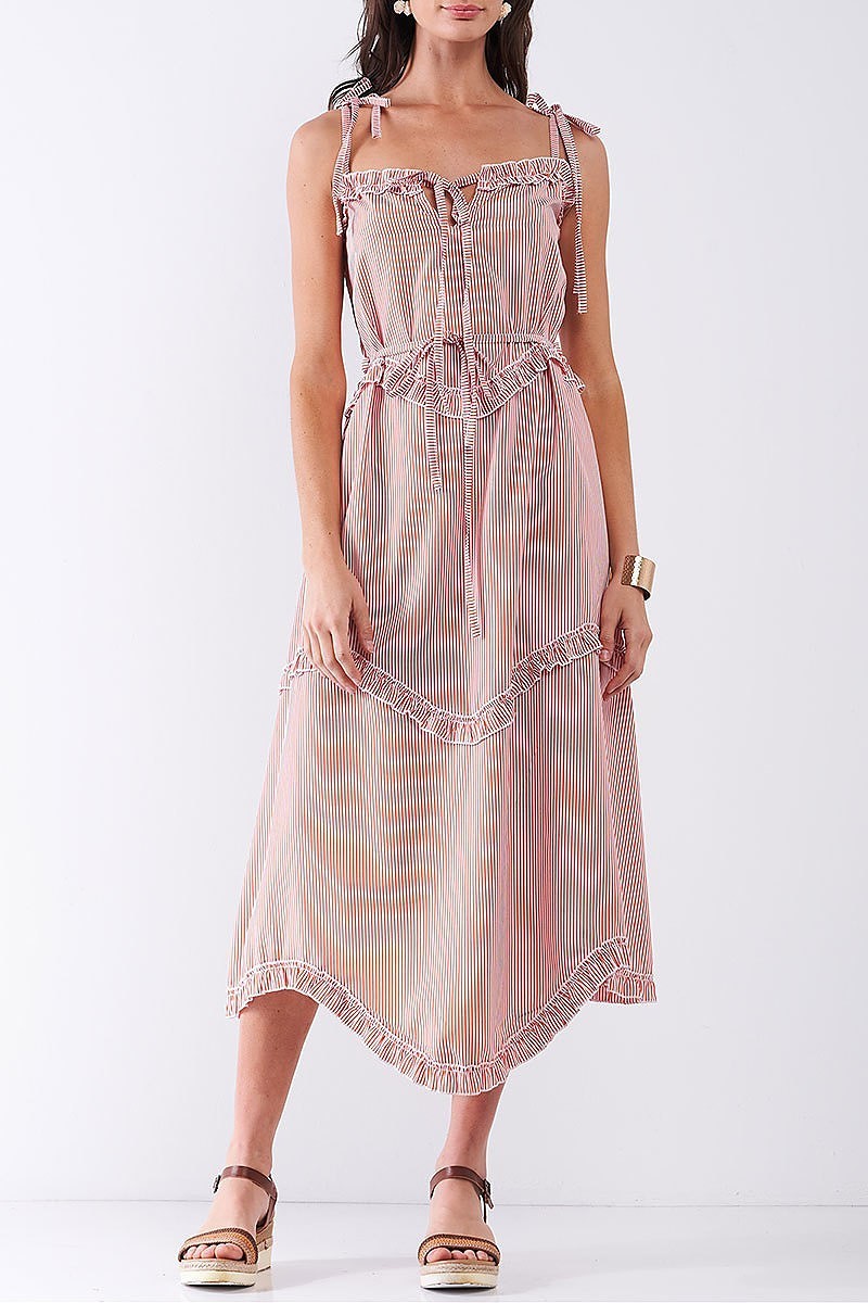 Orange Ruffle Accent Striped Tie String Wavy Hem Rayon Midi Dress