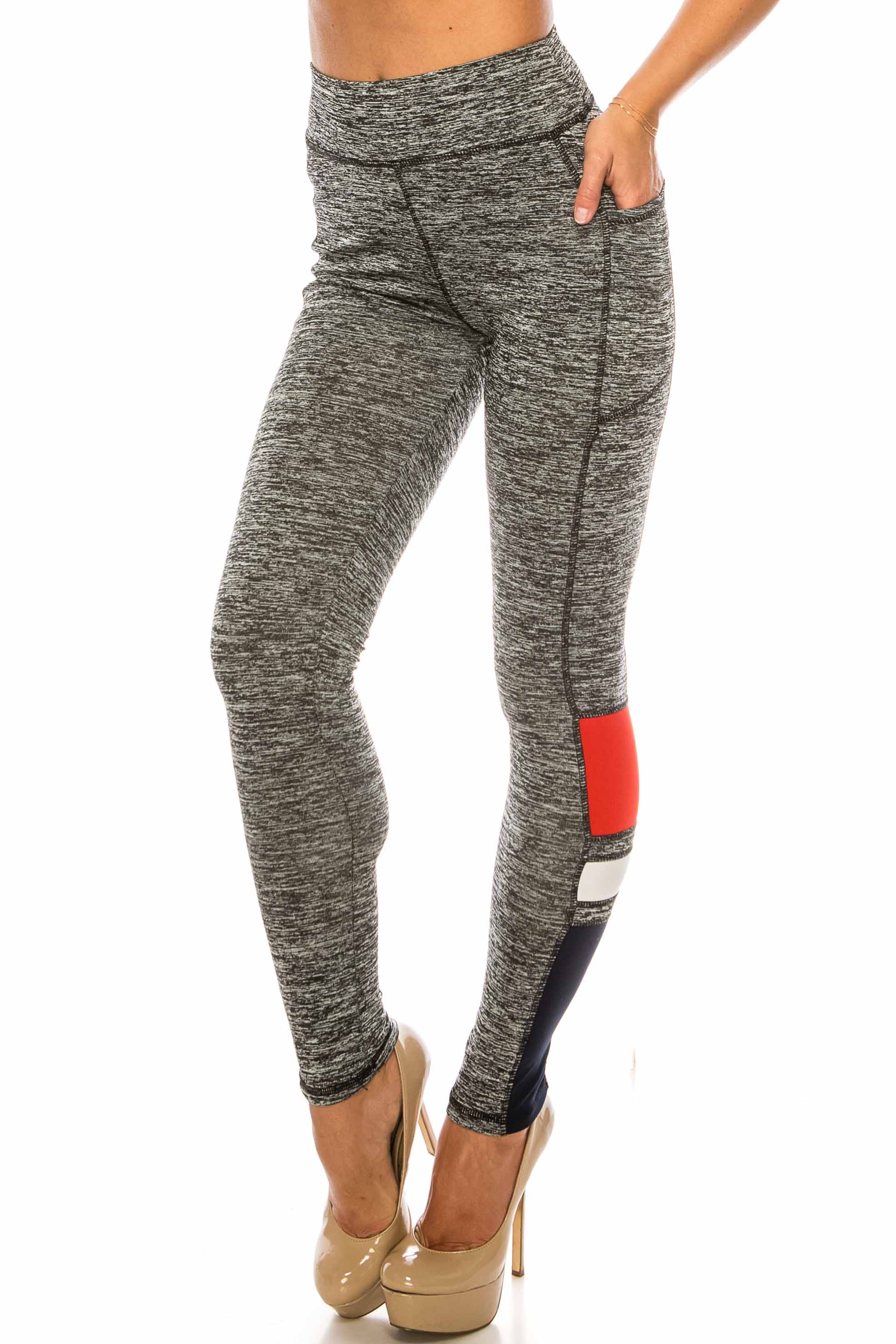 Red Accent High Waisted Workout Leggings with Side Pocket