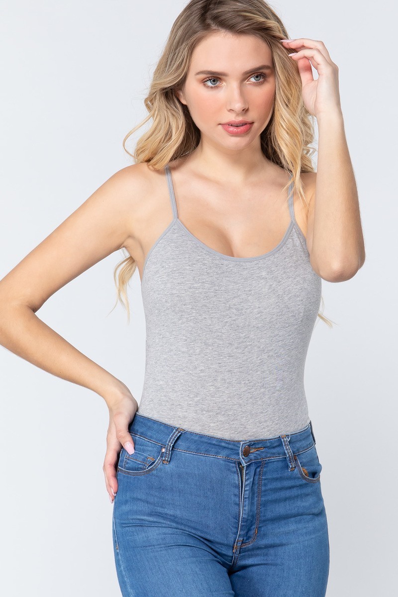 Light Heather Gray Basic Solid Spaghetti Strap Cotton Bodysuit
