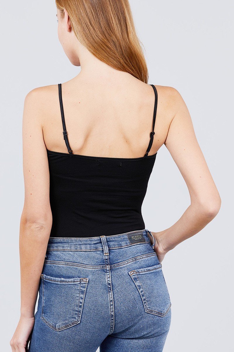 Black Basic Solid Spaghetti Strap Cotton Bodysuit