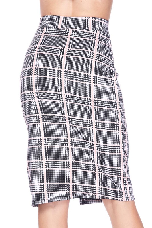 Baby Pink Glen Plaid Plus Size Midi Pencil Skirt with Front Slit