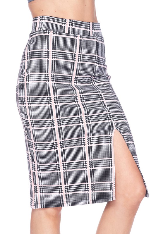 Baby Pink Glen Plaid Plus Size Midi Pencil Skirt with Front Slit