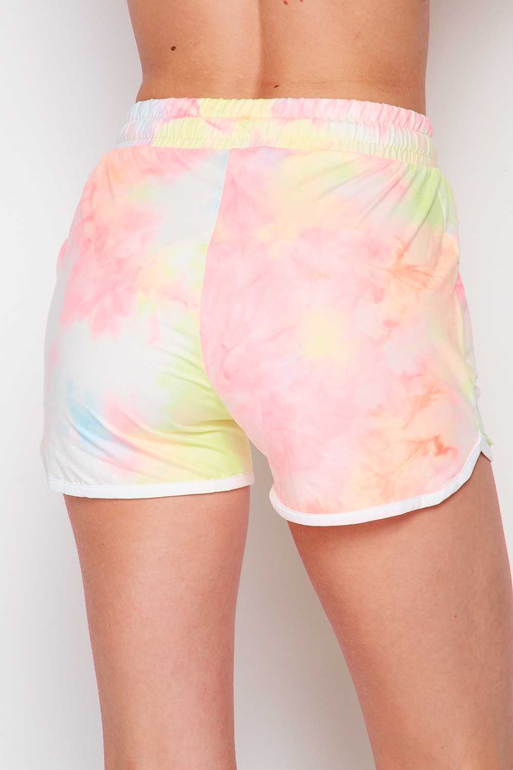 Buttery Soft Pink and Yellow Tie Dye Drawstring Waist Dolphin Shorts with Pockets