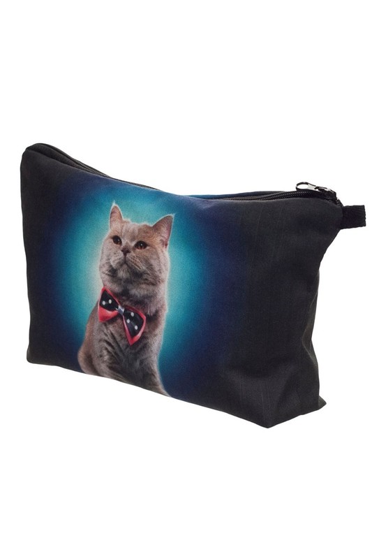 Dapper Bow Tie Kitty Cat Graphic Print Makeup Bag