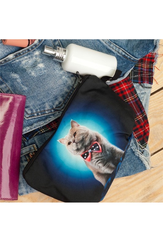Dapper Bow Tie Kitty Cat Graphic Print Makeup Bag