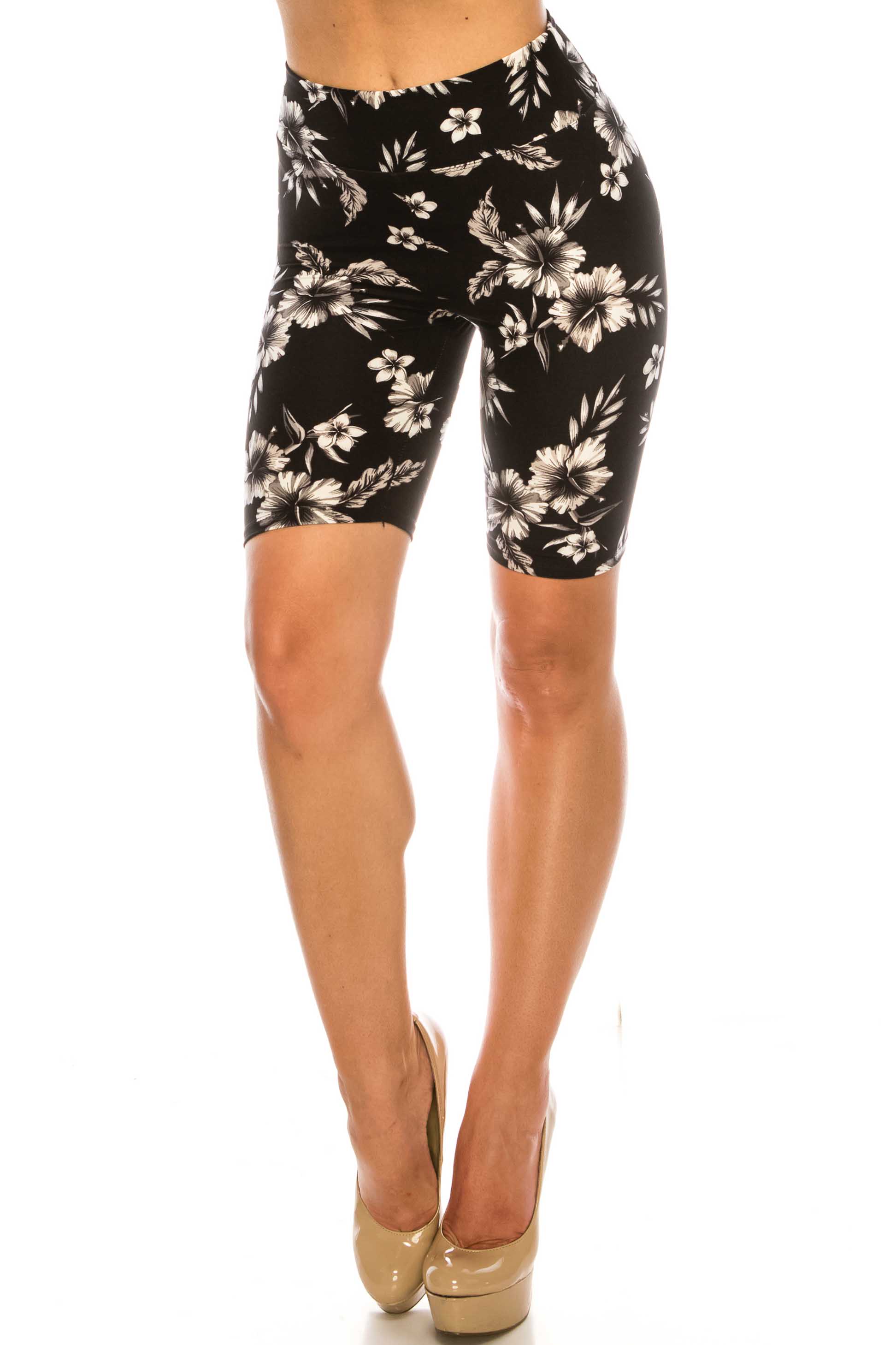 Buttery Soft Monochrome Floral Biker Shorts - 3 Inch Waist Band