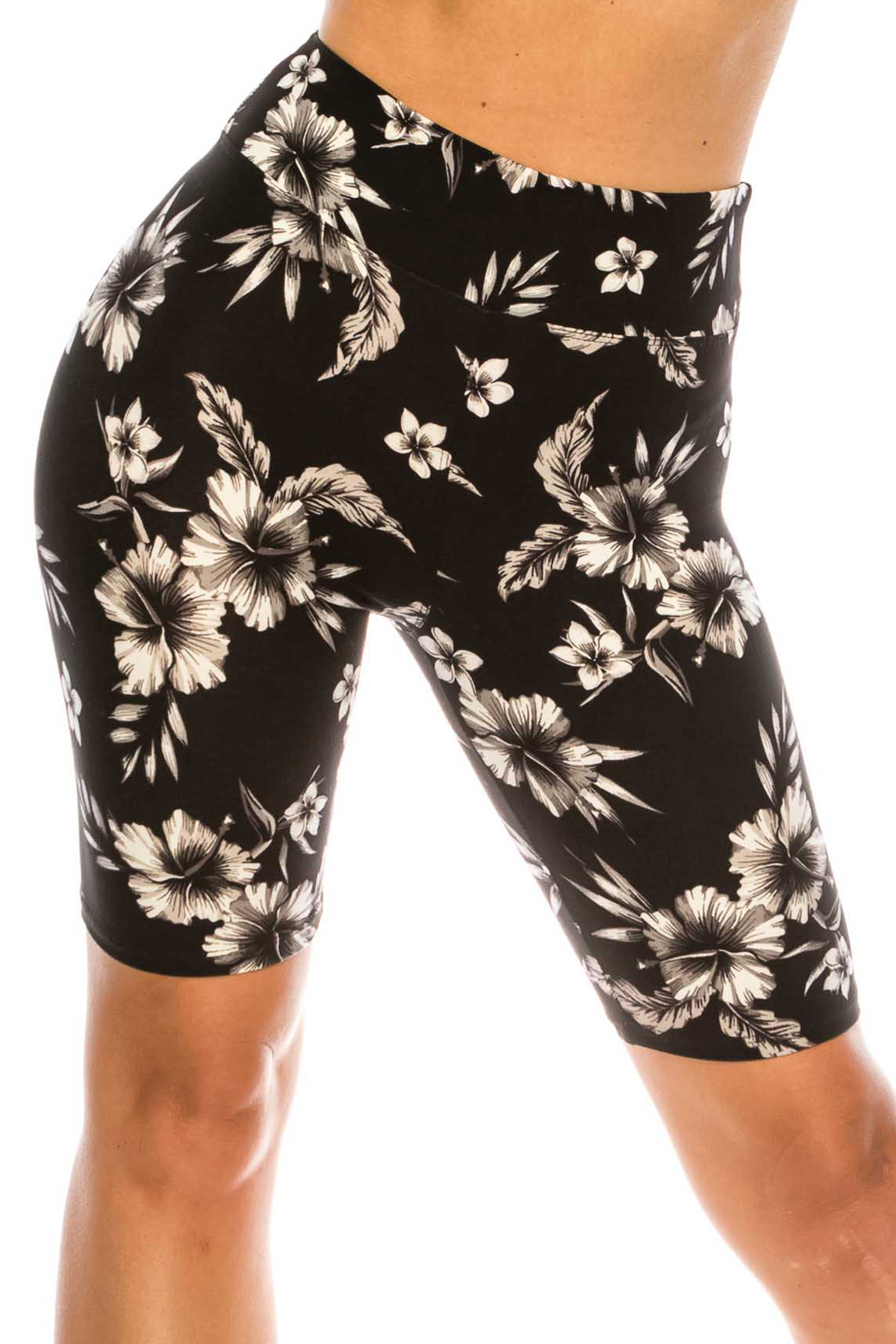 Buttery Soft Monochrome Floral Biker Shorts - 3 Inch Waist Band