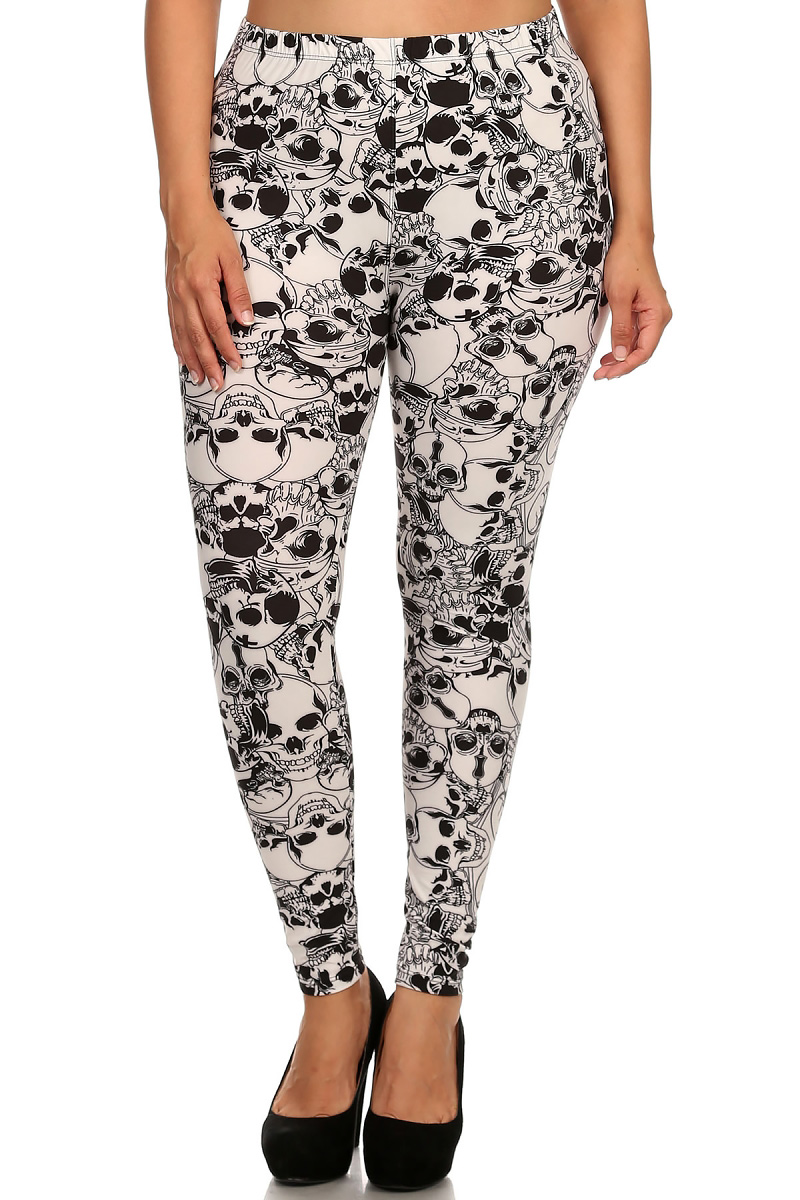 Front image of Buttery Smooth White Layers of Skulls Plus Size Leggings - 3X-5X