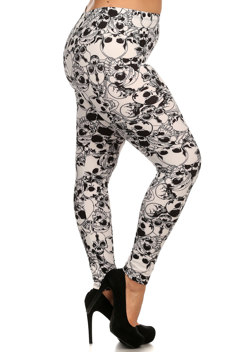 Side Image of Buttery Smooth White Layers of Skulls Plus Size Leggings - 3X-5X