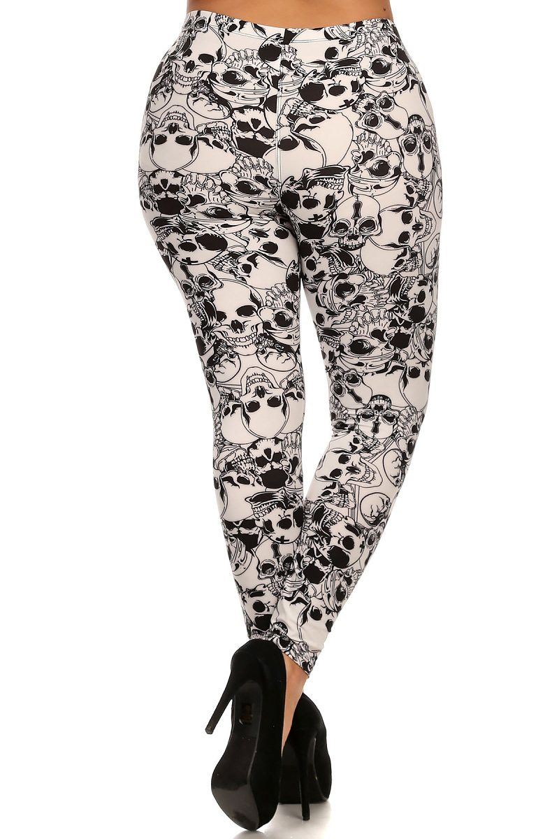 Back image of Buttery Smooth White Layers of Skulls Plus Size Leggings - 3X-5X