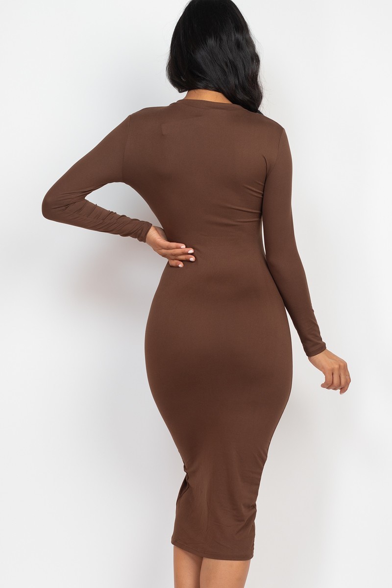Brown Solid Long Sleeve Thigh Slit Midi Broycon Dress