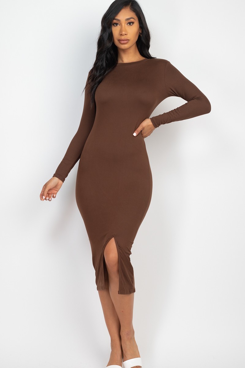 Brown Solid Long Sleeve Thigh Slit Midi Broycon Dress