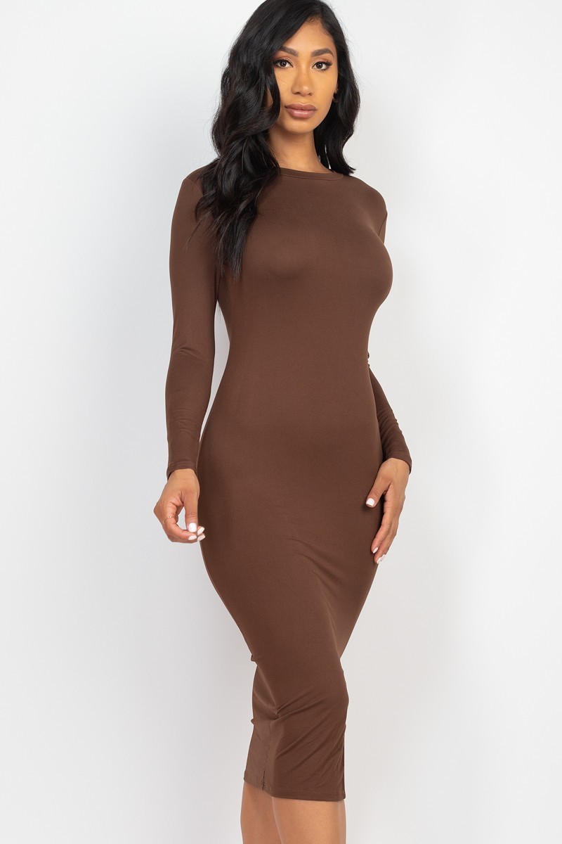 Brown Solid Long Sleeve Thigh Slit Midi Broycon Dress