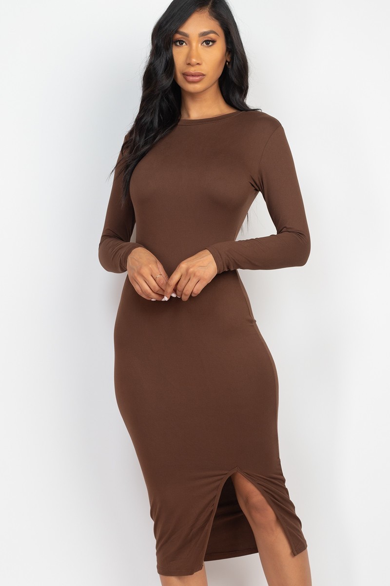 Brown Solid Long Sleeve Thigh Slit Midi Broycon Dress