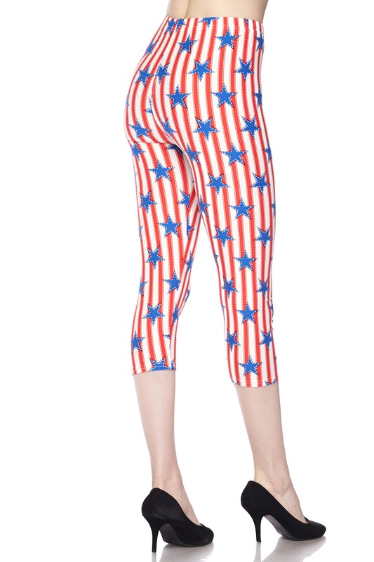 Wholesale-Buttery Soft Vertical Stars on Stripes Plus Size Capris