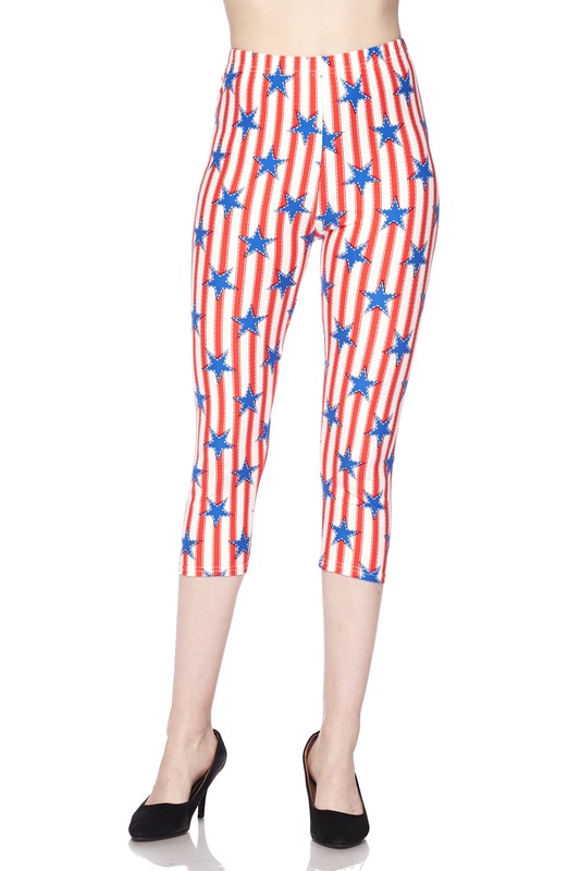 Wholesale-Buttery Soft Vertical Stars on Stripes Plus Size Capris