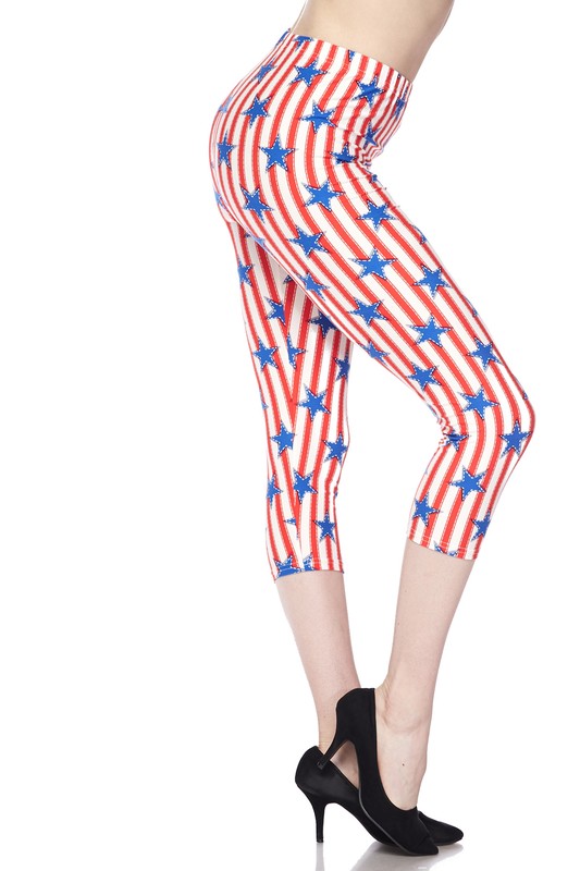 Wholesale-Buttery Soft Vertical Stars on Stripes Plus Size Capris