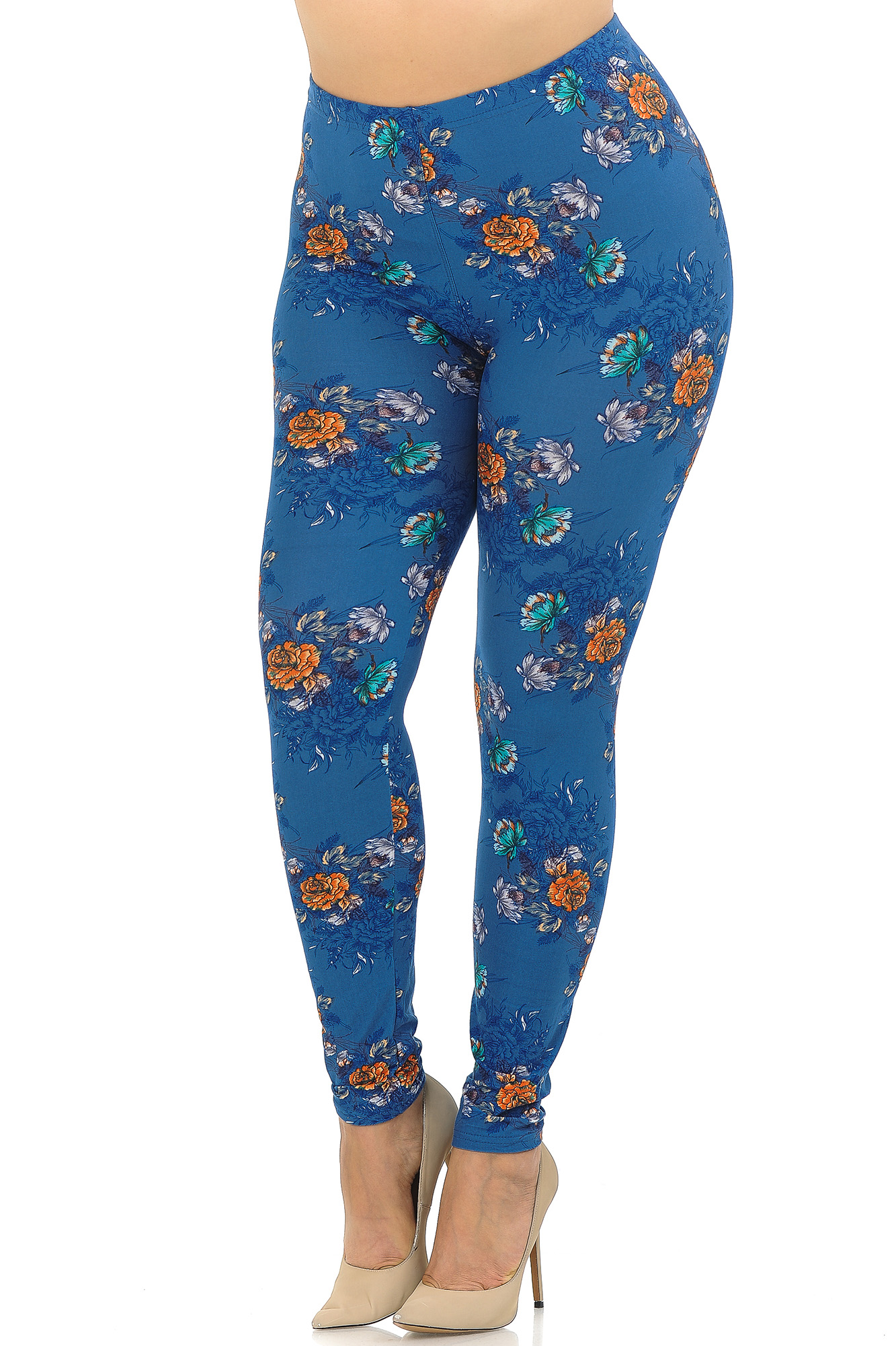 Buttery Smooth Denim Blue Floral Rose Extra Plus Size Leggings - 3X-5X