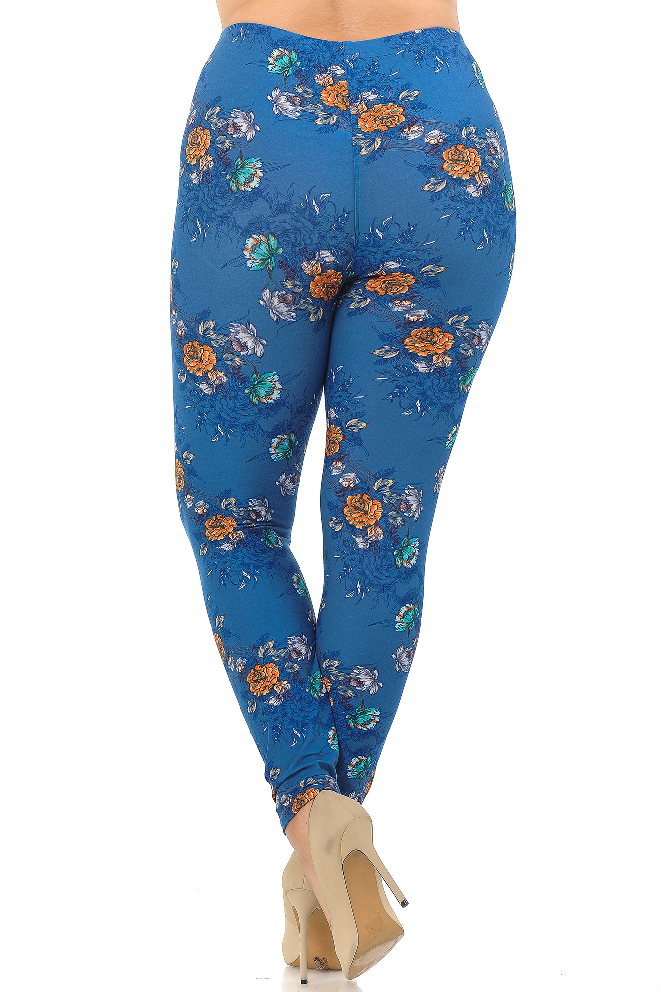 Buttery Smooth Denim Blue Floral Rose Extra Plus Size Leggings - 3X-5X