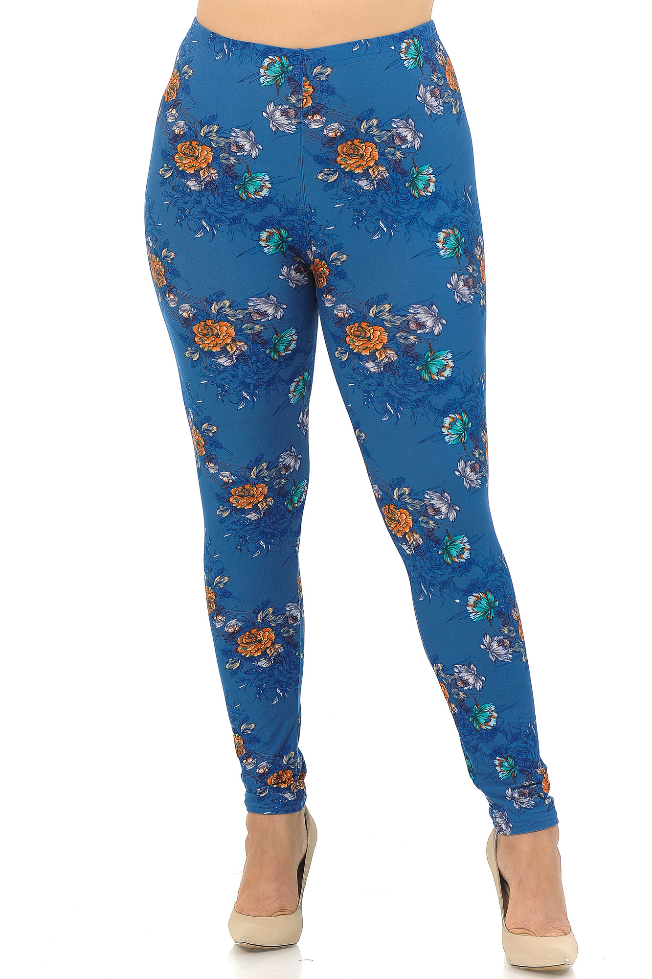 Buttery Smooth Denim Blue Floral Rose Extra Plus Size Leggings - 3X-5X