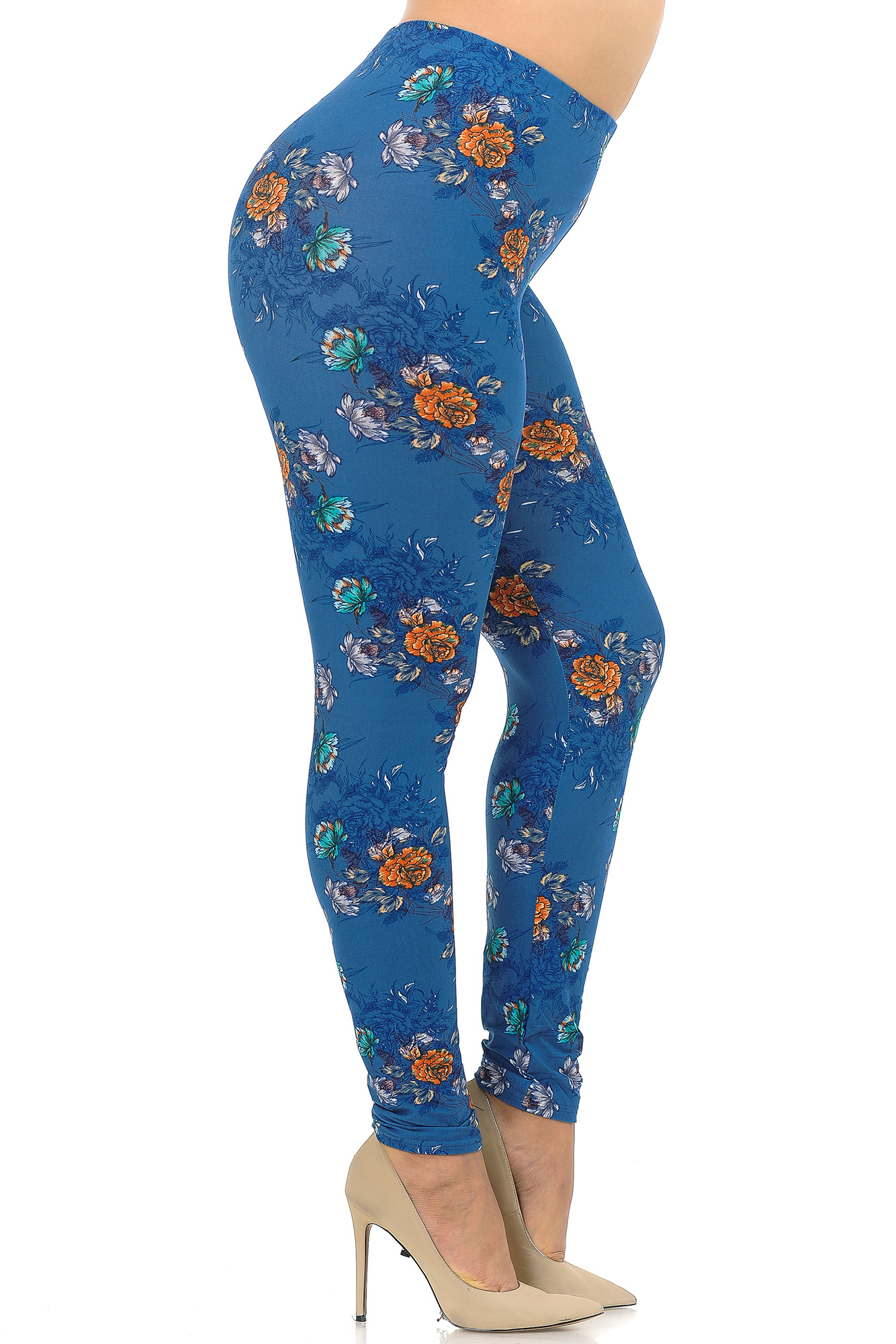 Buttery Smooth Denim Blue Floral Rose Extra Plus Size Leggings - 3X-5X