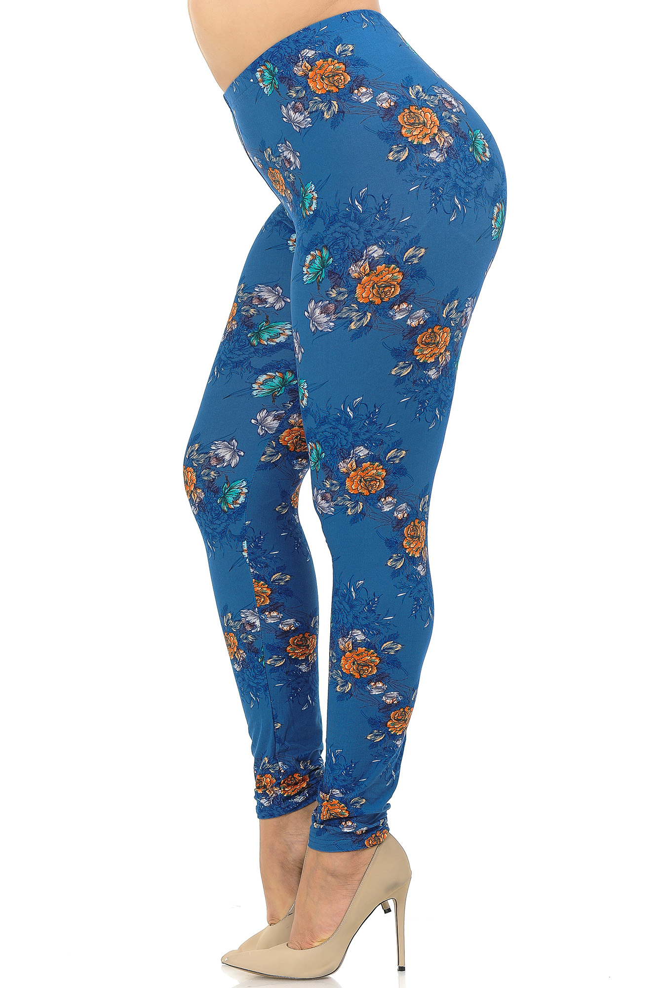 Buttery Smooth Denim Blue Floral Rose Extra Plus Size Leggings - 3X-5X