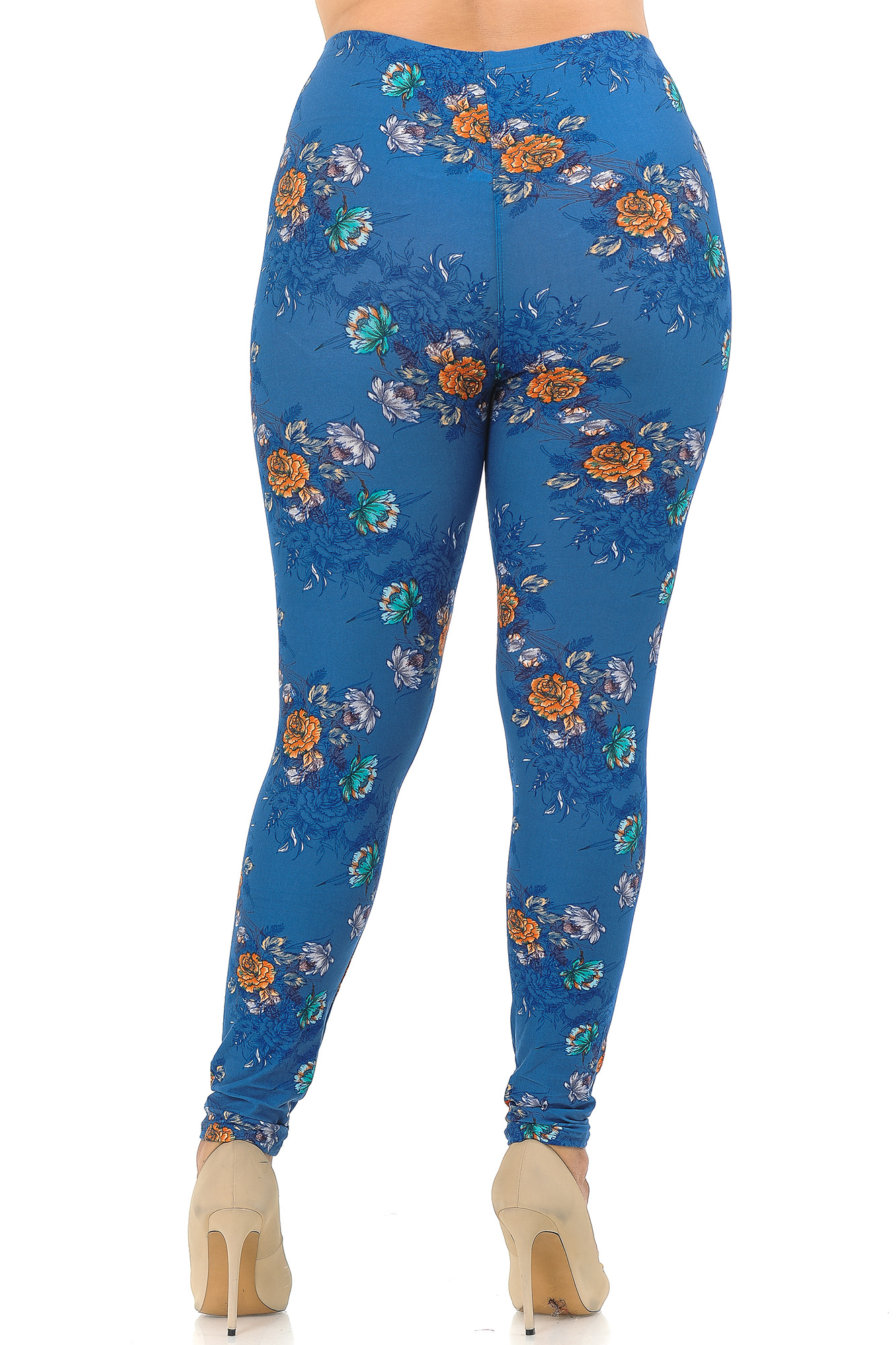 Buttery Smooth Denim Blue Floral Rose Extra Plus Size Leggings - 3X-5X