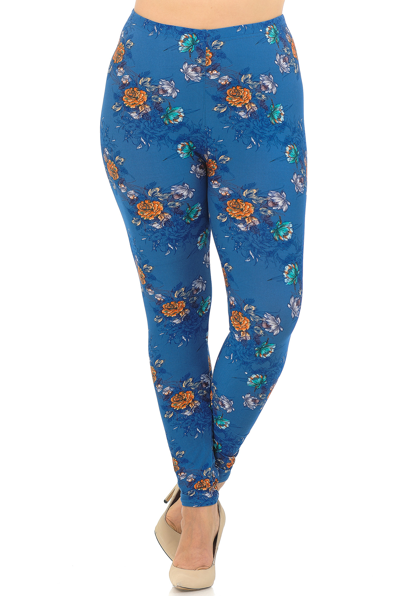 Buttery Smooth Denim Blue Floral Rose Extra Plus Size Leggings - 3X-5X