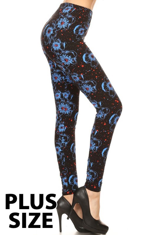 Buttery Smooth Blue Evening Bloom Floral Plus Size Leggings