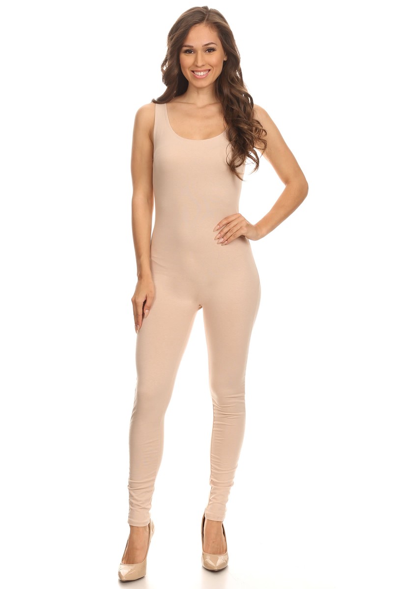 Front side image of Beige USA Cotton Basic Tank Jumpsuit