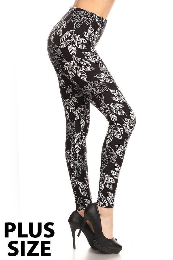 Buttery Smooth Black and White Leaves Plus Size Leggings