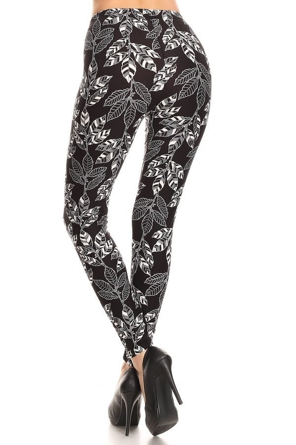 Buttery Smooth Black and White Leaves Plus Size Leggings
