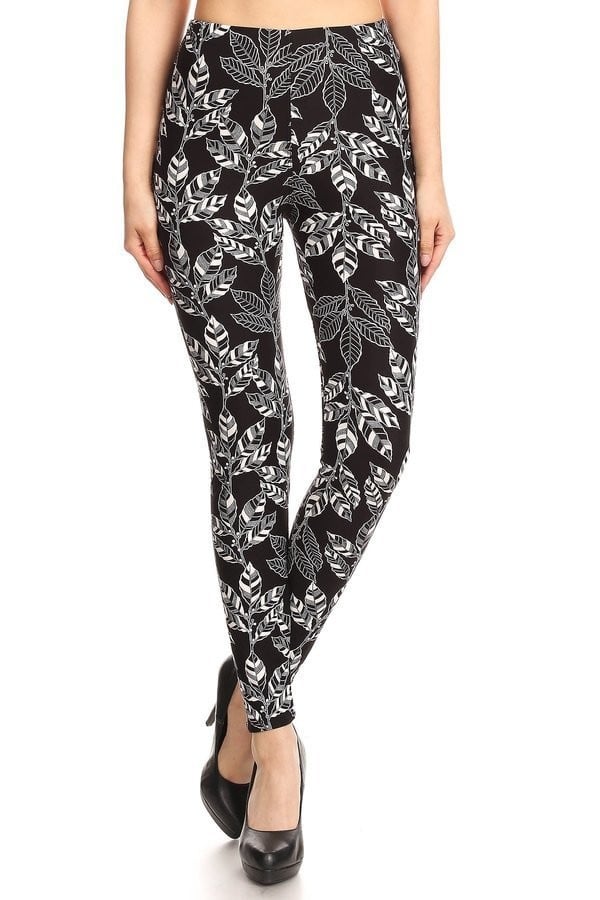 Buttery Smooth Black and White Leaves Plus Size Leggings