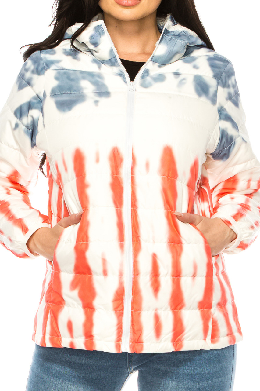 Women's Red White & Blue Daub Winter Puffer Down Jacket