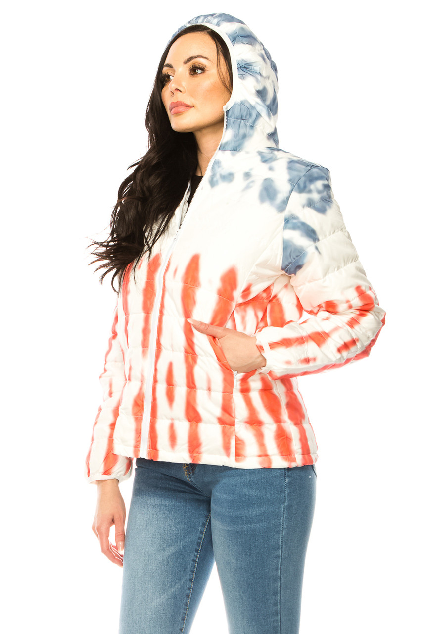 Women's Red White & Blue Daub Winter Puffer Down Jacket