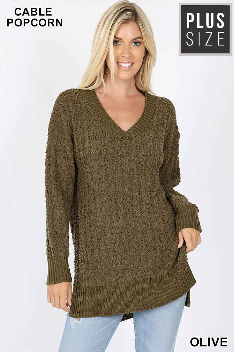 Front image of Olive Cable Knit Popcorn V-Neck Hi-Low Plus Size Sweater