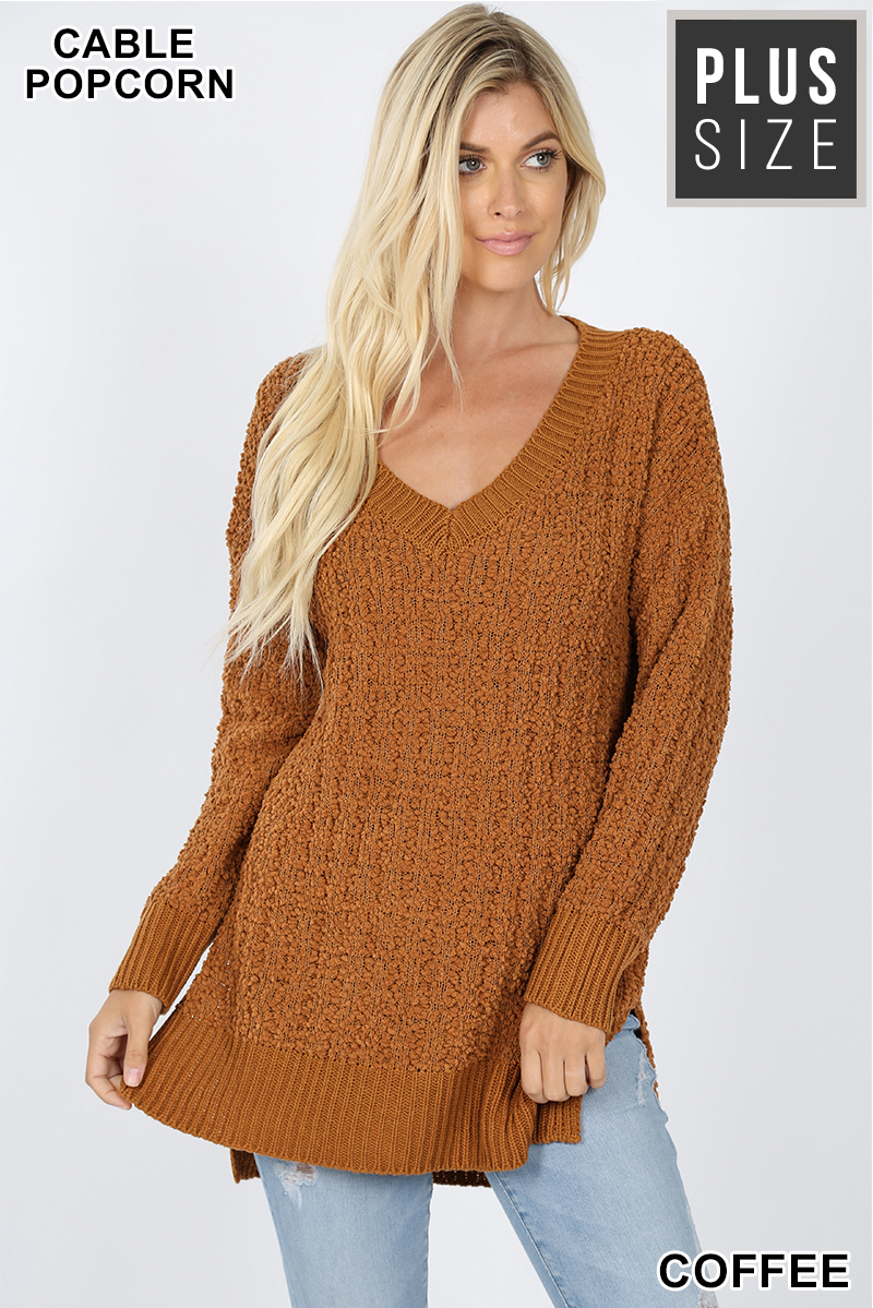 Front image of Copper Cable Knit Popcorn V-Neck Hi-Low Plus Size Sweater