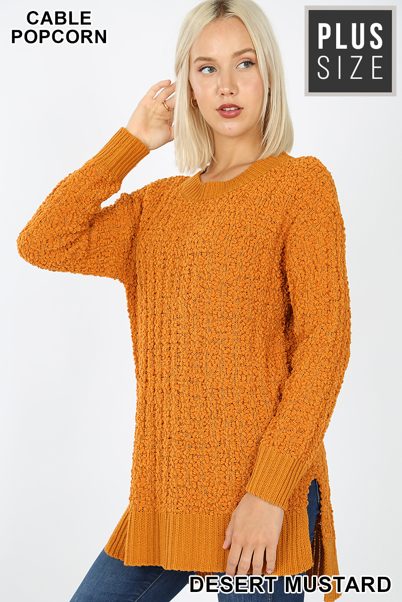 Front image of Desert Mustard Cable Knit Popcorn Round Neck Hi-Low Plus Size Sweater