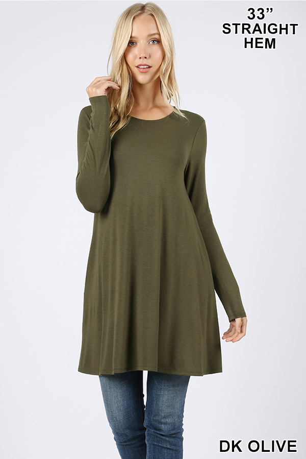 Front of Dk Olive Long Sleeve Swing Tunic with Pockets