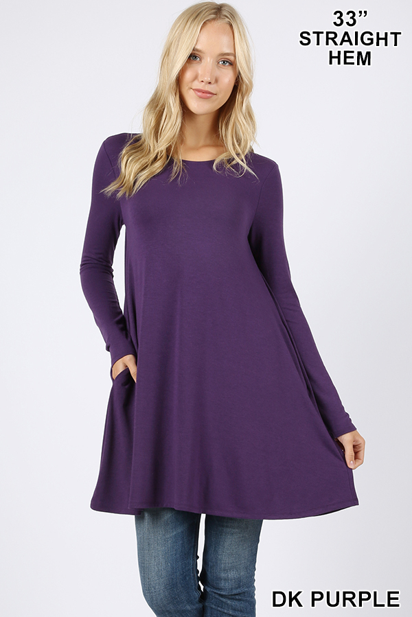 Front of Dk Purple Long Sleeve Swing Tunic with Pockets