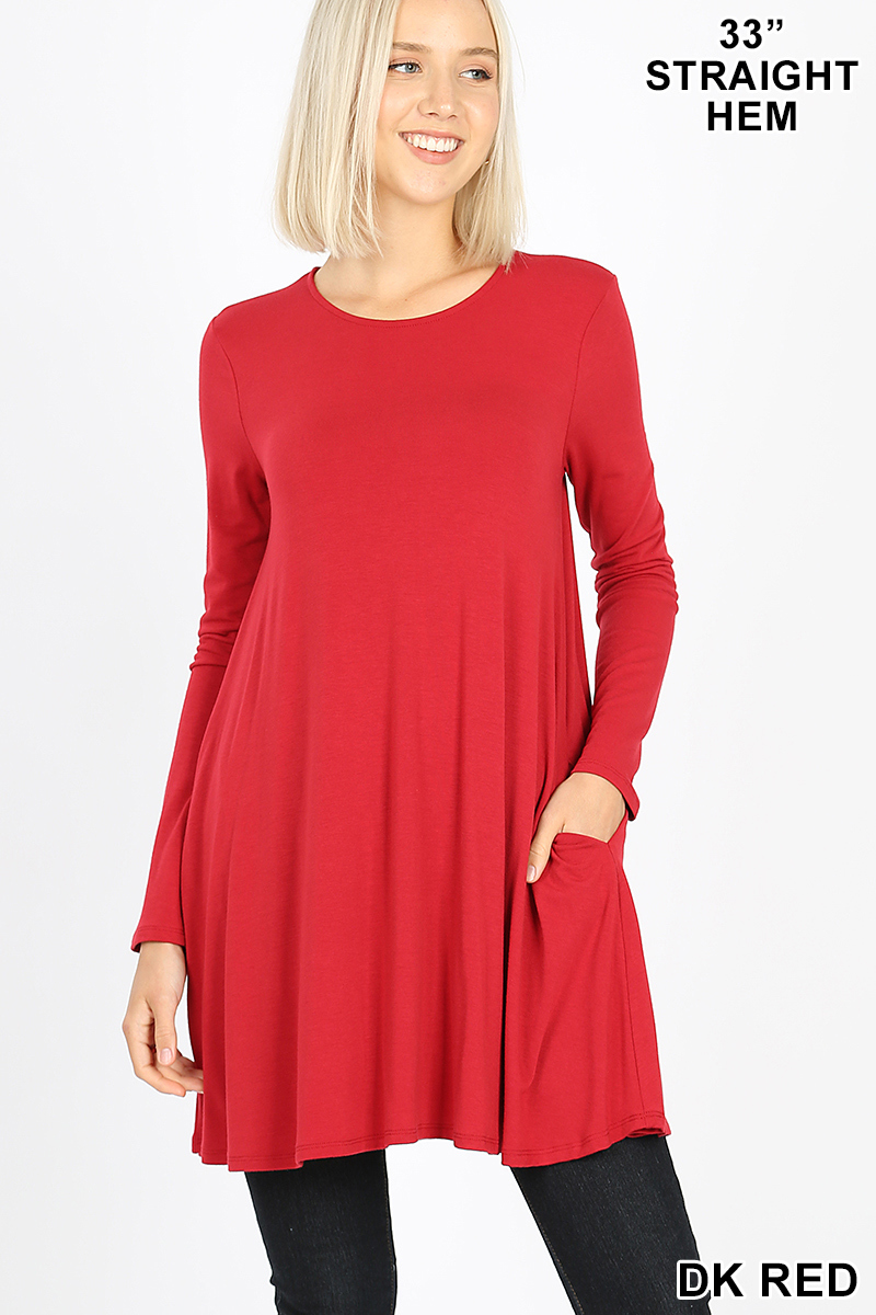 Front of Dk Red Long Sleeve Swing Tunic with Pockets