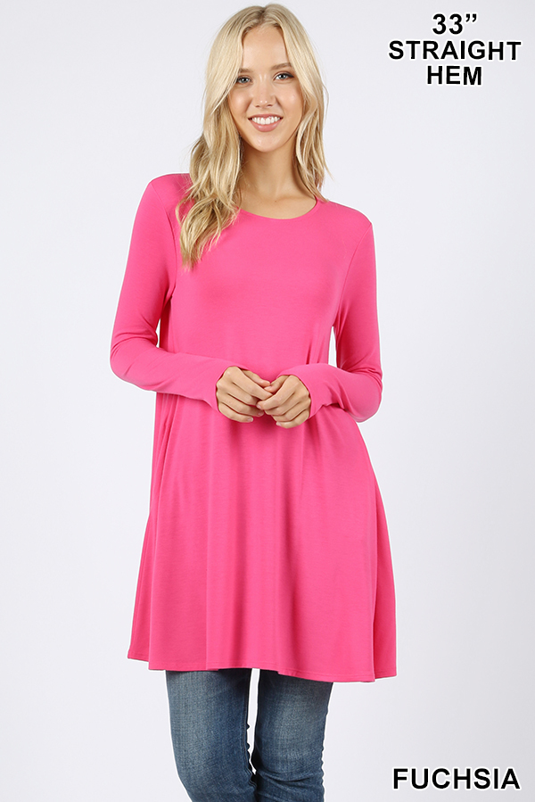 Front of Fuchsia Long Sleeve Swing Tunic with Pockets