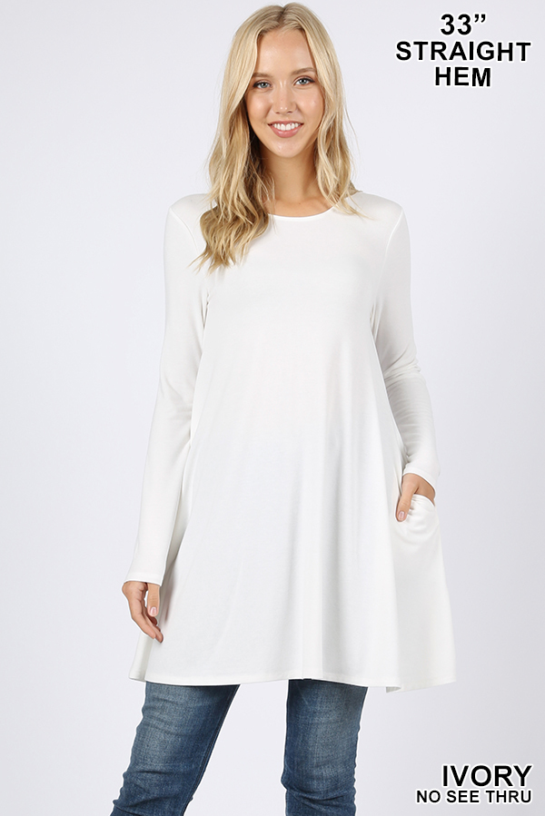 Front of Ivory Long Sleeve Swing Tunic with Pockets