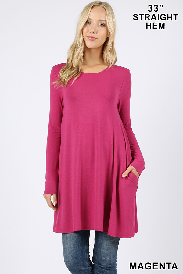 Front of Magenta Long Sleeve Swing Tunic with Pockets