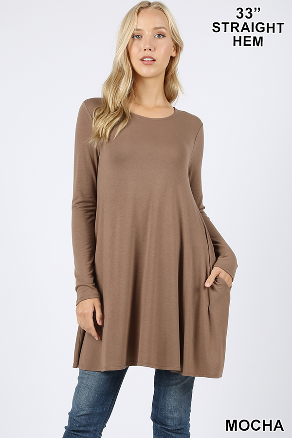 Front of Mocha Long Sleeve Swing Tunic with Pockets