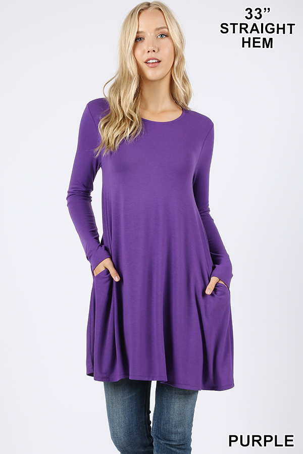 Front of Purple Long Sleeve Swing Tunic with Pockets
