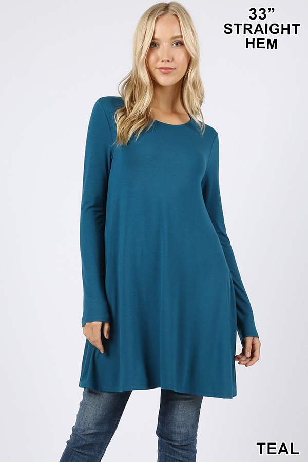 Front of Teal Long Sleeve Swing Tunic with Pockets
