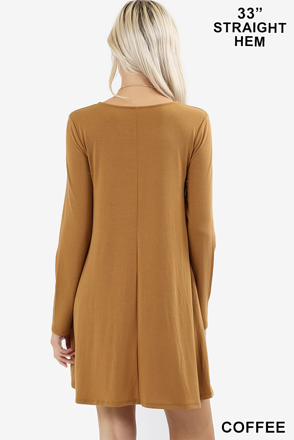 Back view of Coffee Long Sleeve Swing Tunic with Pockets