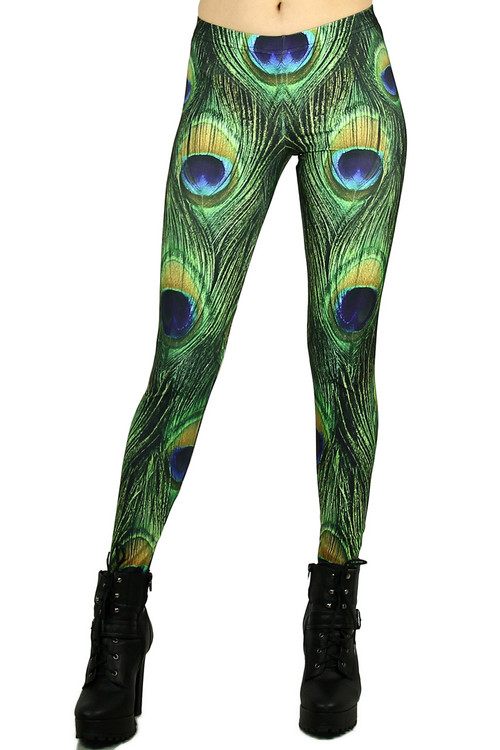 Peacock Feather Print Skinny Leggings Casual Elastic Waist - Temu